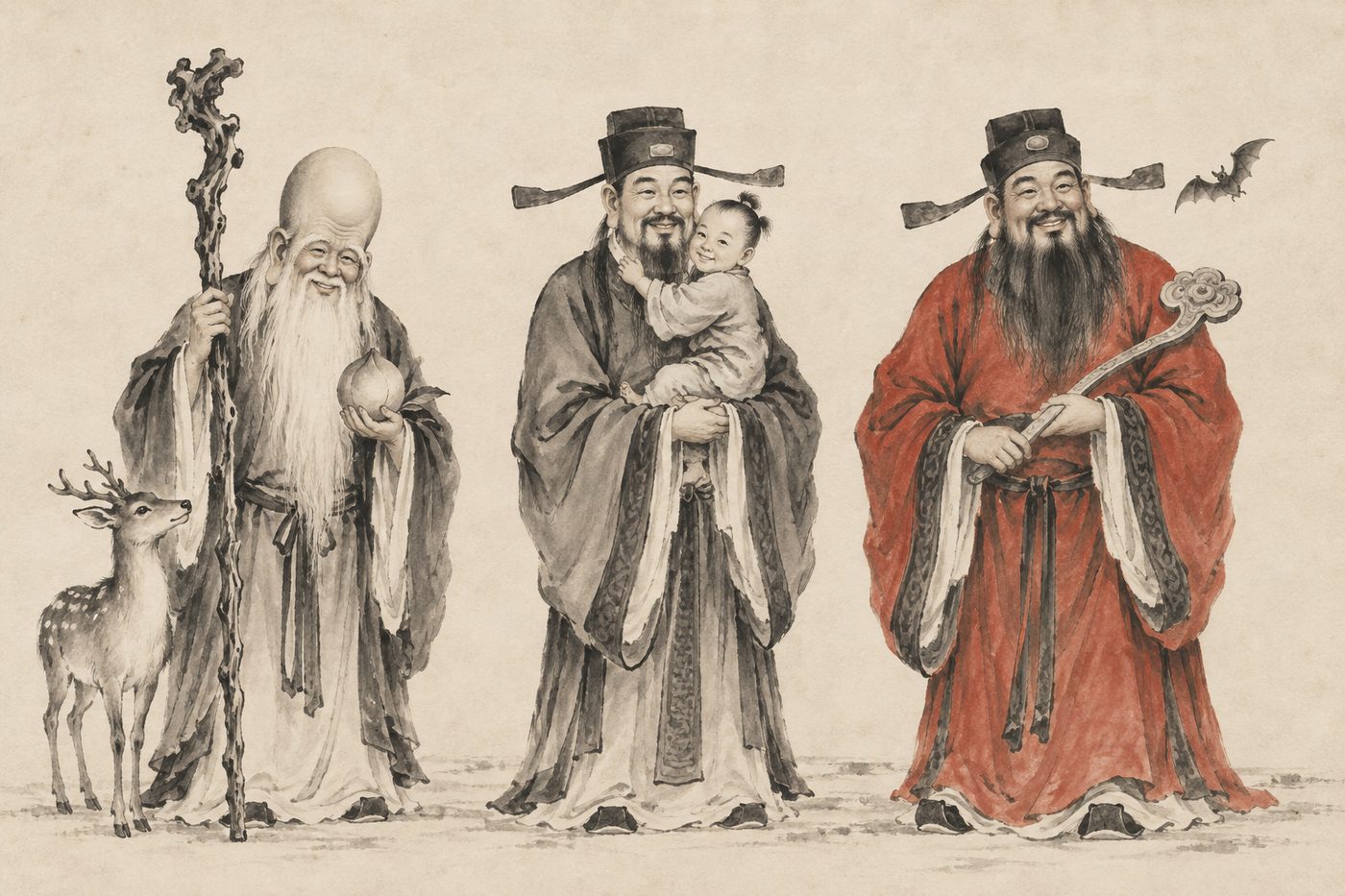 An ink-wash painting of the three star gods Fu Lu Shou standing together: Longevity with his tall forehead, staff and peach on the left, Rank with a child in the middle, and Fortune in a red robe with a ruyi scepter on the right.