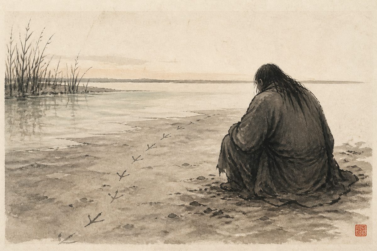 An ink-wash painting of a robed figure seated with his back to the viewer on a river bank at dawn, looking down at three-toed bird tracks pressed into wet silt at the water's edge