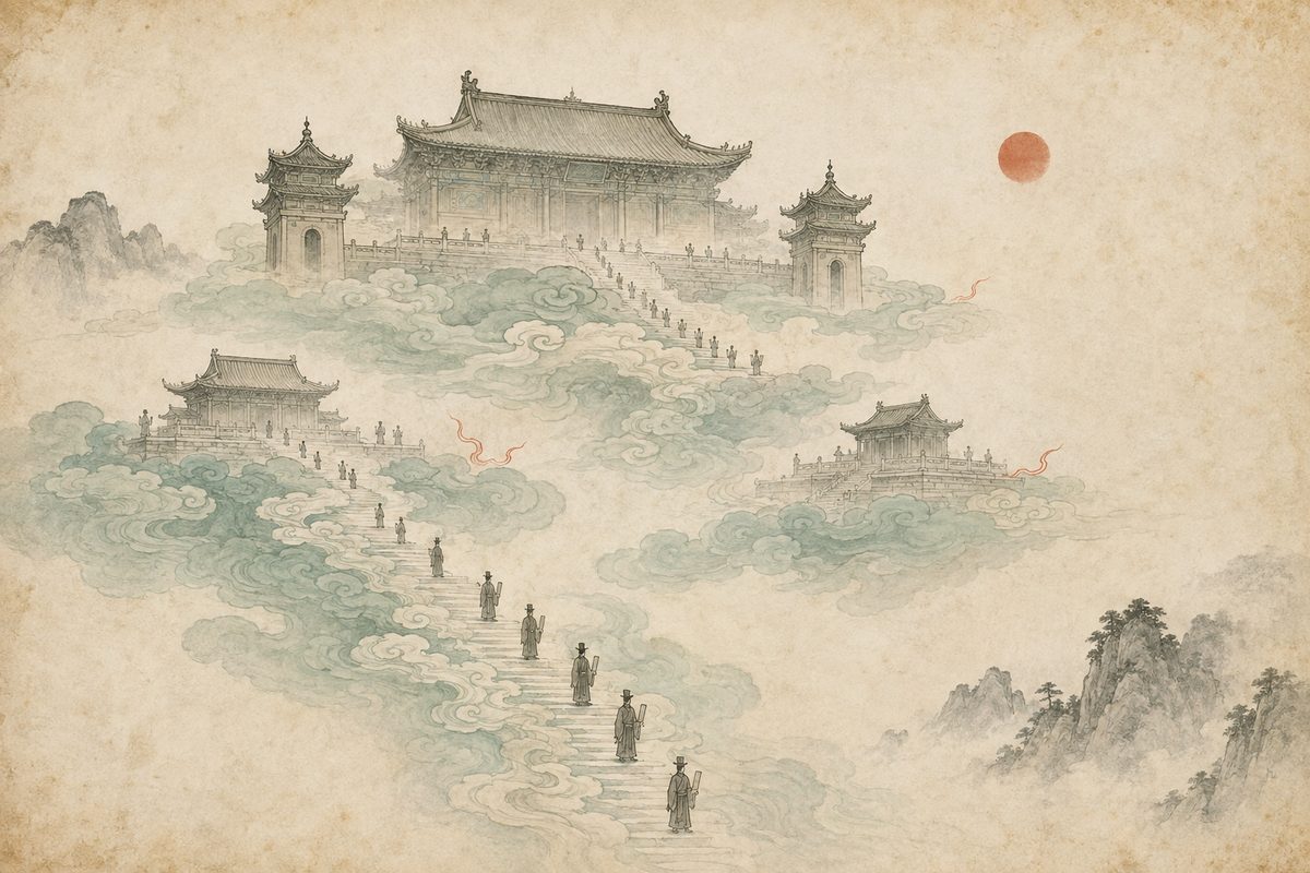 An ink-wash painting of the Chinese celestial court: cloud-borne palace halls and gate towers rising in tiers through celadon clouds, with a small procession of robed officials climbing a stair of cloud beneath a pale cinnabar sun.