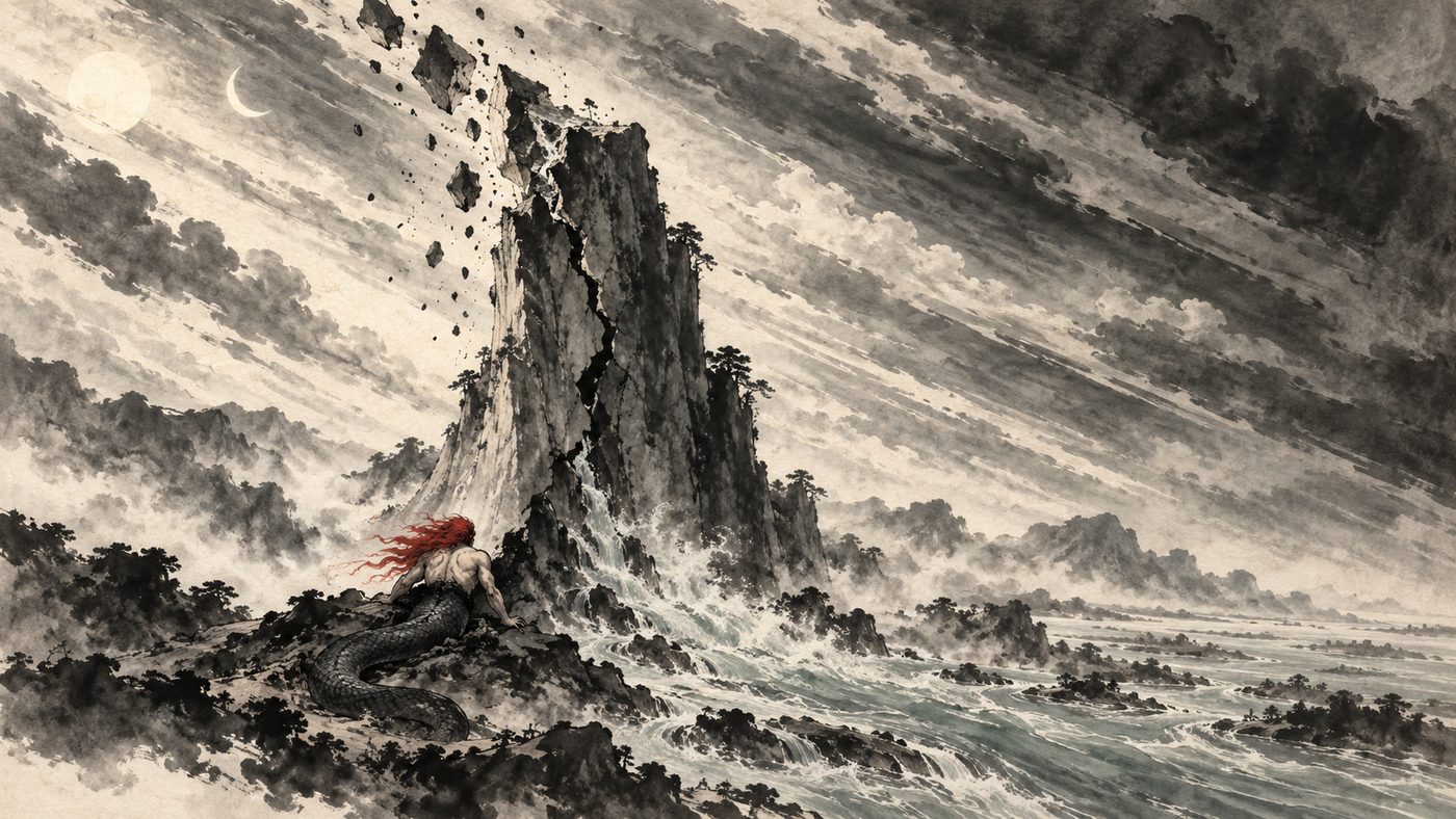 An ink-wash painting of a tall pillar-like mountain with its summit sheared off, the sky's cloud bands tilting up to the left while floodwater pours away to the lower right, and Gonggong, the Chinese water god, as a small red-haired figure with a serpent's tail, seen from behind, braced at its foot.