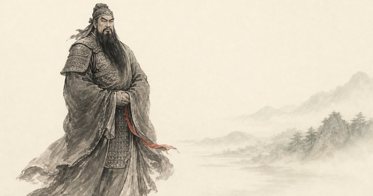 An ink-wash painting of Guan Yu, the deified Chinese general, standing in armor and a long robe with his characteristic full beard, against pale mist.
