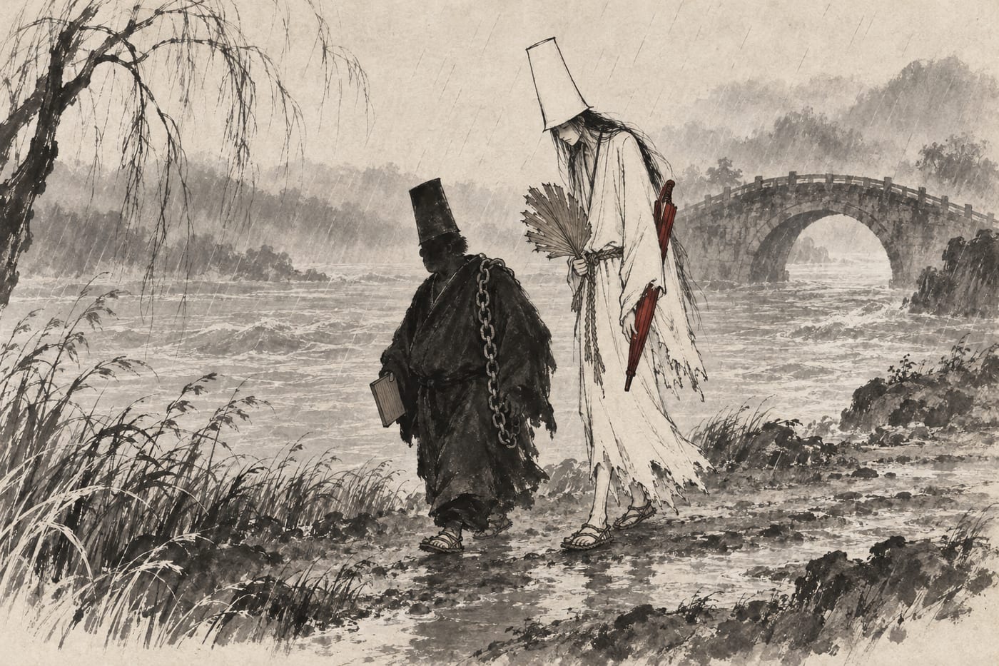 An ink-wash painting of the Heibai Wuchang, the Black and White Impermanence of Chinese folk religion: a very tall pale figure in a white robe and tall white hat, holding a palm-leaf fan with a red oiled-paper umbrella under his arm, walks beside a short figure in black with a tall black hat, an iron chain and a blank wooden tablet, along a flooded riverbank in the rain, an arched stone bridge behind them.