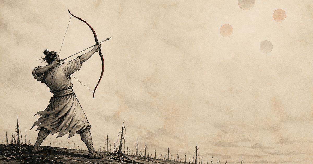 An ink-wash painting of the Chinese archer Yi drawing a great bow against a bleached sky where several pale suns hang, standing on cracked scorched ground.