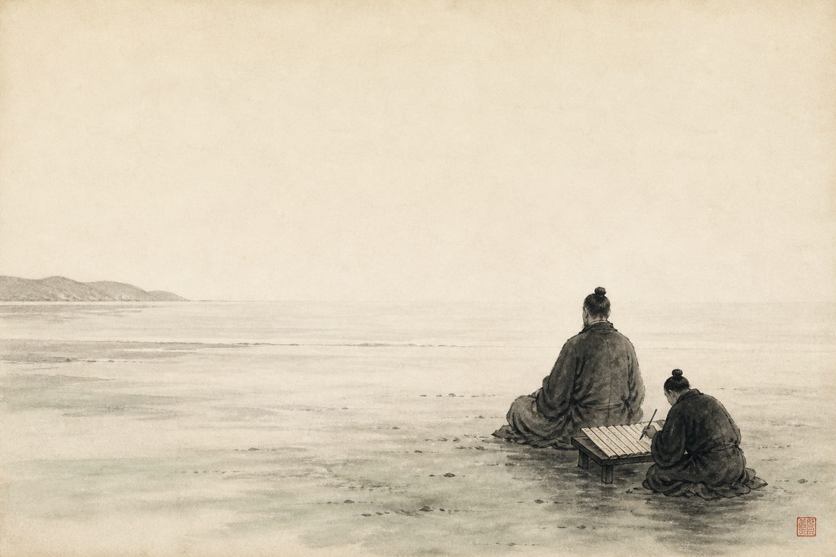 An ink-wash painting of a robed figure seated upright and still on an empty tidal flat with his back to the viewer, while a smaller scribe kneeling behind him writes on a fan of bound wooden slips laid across a low board