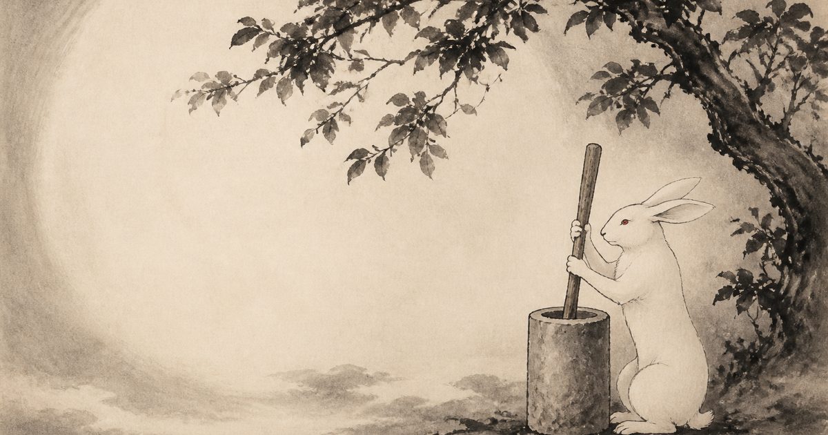 An ink-wash painting of the Chinese jade rabbit kneeling on the moon with a pestle in both paws, working at a tall stone mortar beneath the branches of a cassia tree.