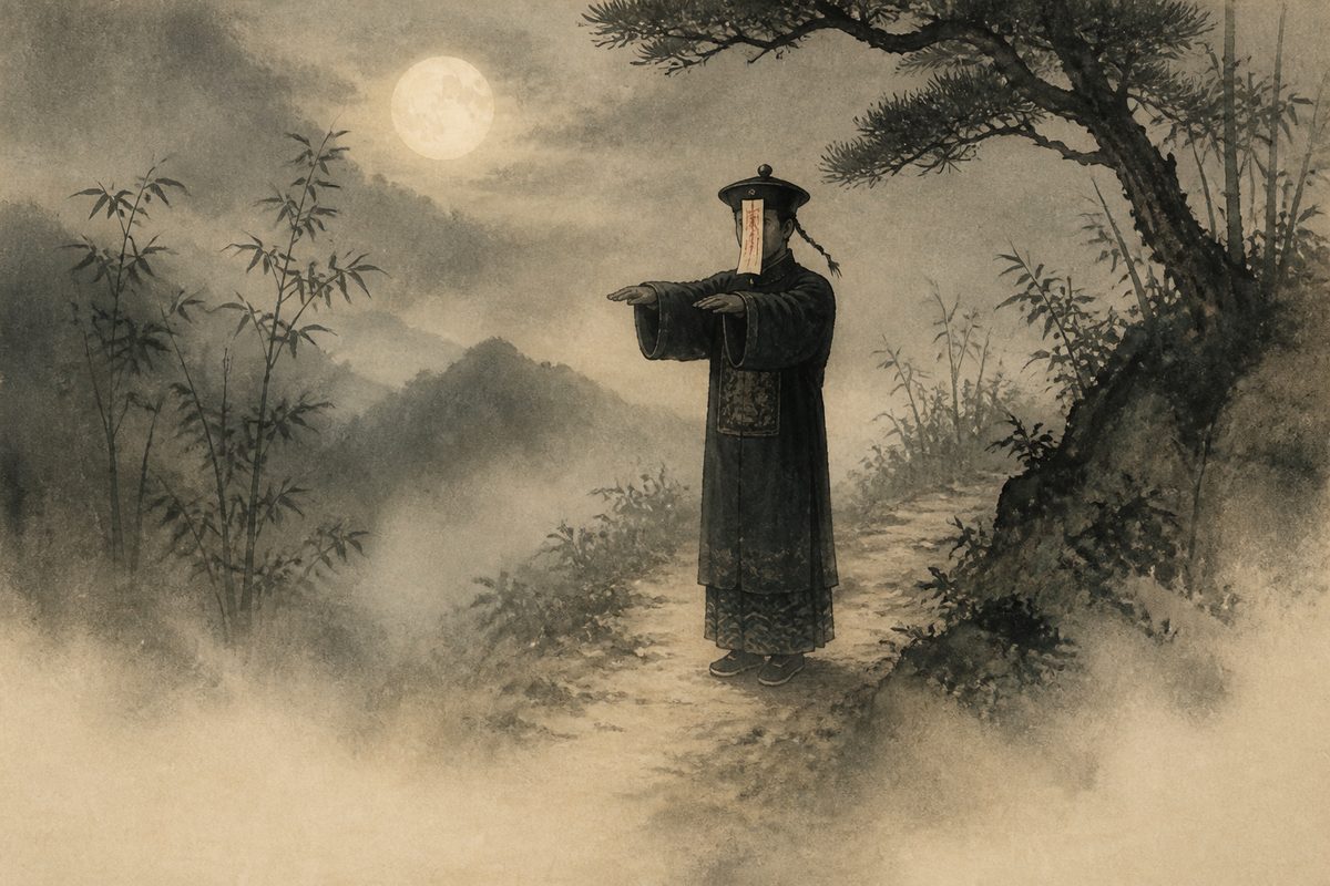 An ink-wash painting of a jiangshi, the Chinese hopping corpse, standing rigid on a misty mountain path at night in Qing-dynasty robes with a paper talisman hanging over its face.