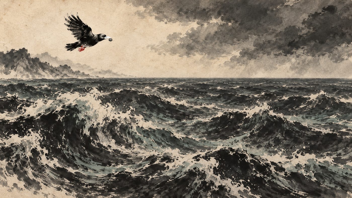 An ink-wash painting of Jingwei, the Chinese bird who fills the sea: a small crow-like bird with a white beak and red feet, a pebble in its beak, flying low over a vast dark sea with faint hills far behind it.