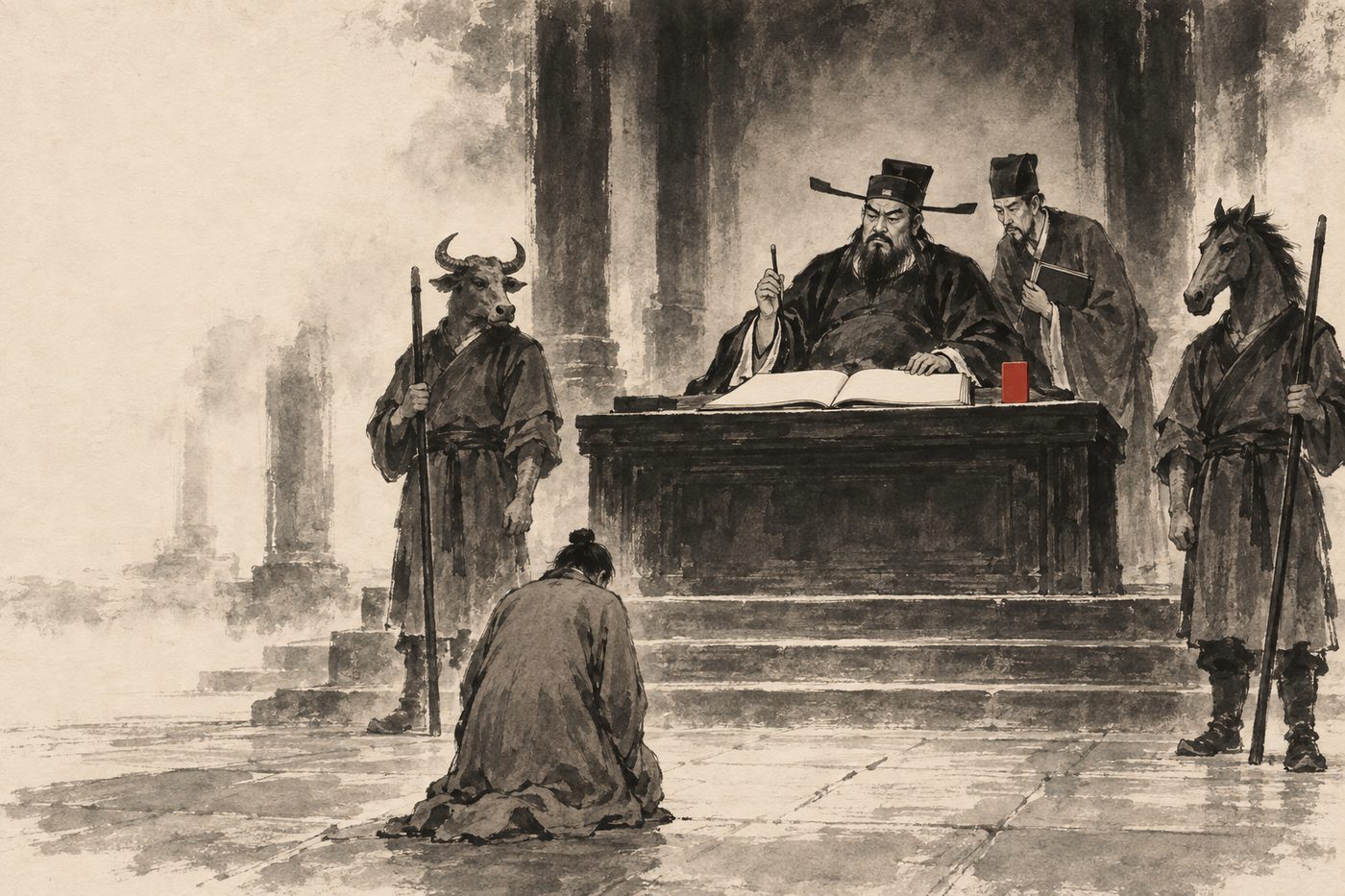 An ink-wash painting of King Yama seated as a magistrate behind a desk with an open ledger, a clerk at his elbow, an ox-headed and a horse-headed bailiff at the foot of the dais, and a small kneeling figure seen from behind.