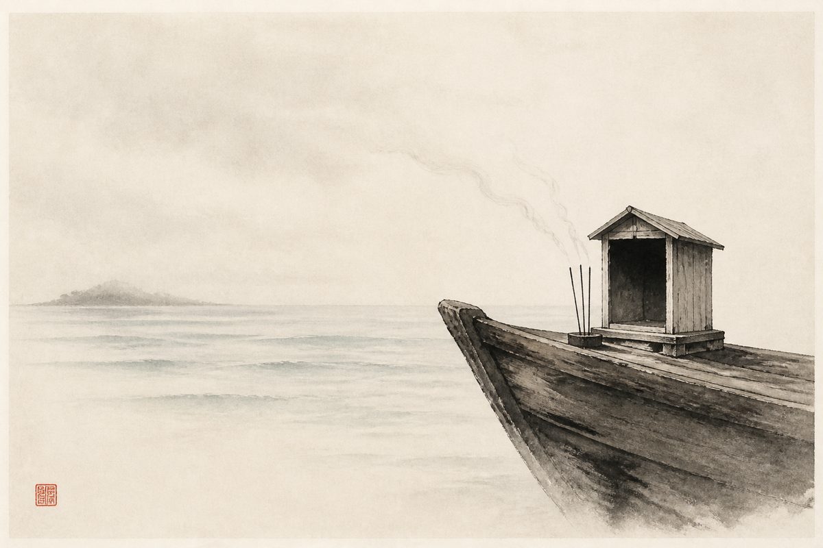 An ink-wash painting of the bow of a small wooden fishing boat on a calm overcast sea, carrying a plain miniature wooden shrine with an empty dark interior and three sticks of incense burning in front of it