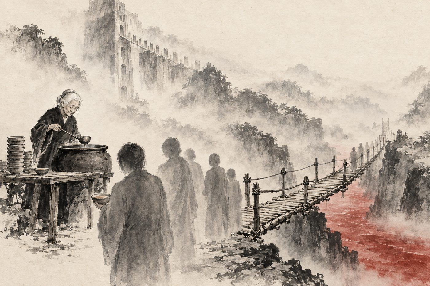 An ink-wash painting of Meng Po, a small white-haired old woman ladling soup at a wooden table at the head of a bamboo footbridge, a line of faint faceless souls waiting with bowls, a red river in the ravine below and a tall tower dissolving into mist behind.