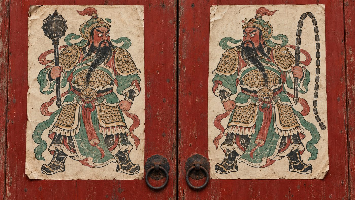 A pair of weathered cinnabar-red doors, each with a hand-colored woodblock print of an armored general pasted on it, the two figures mirrored to face each other across the seam, one holding a mace and one a whip.