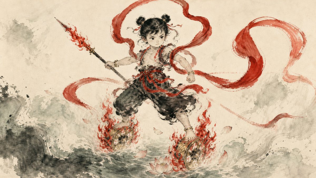 An ink-wash painting of the boy god Nezha riding flaming wheels, red sash swirling, spear in hand, in the sumi-e style.