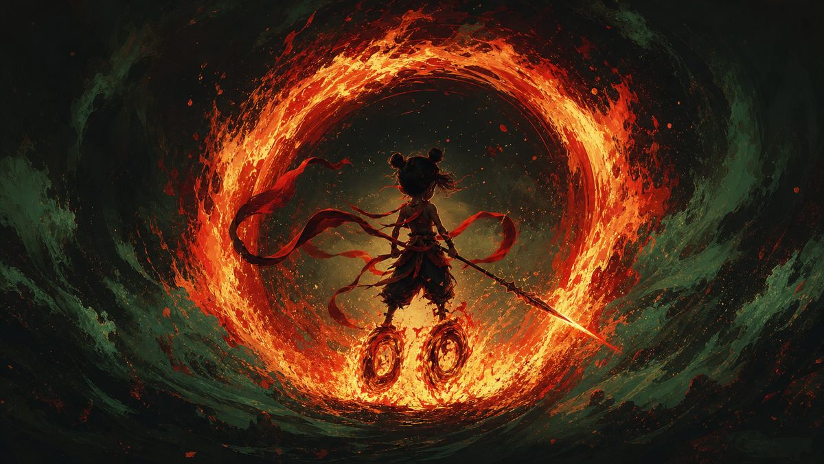 Modern animation-style art of Nezha silhouetted in a blazing ring of fire on his Wind-Fire Wheels, jade-green and cinnabar palette on a dark ground.