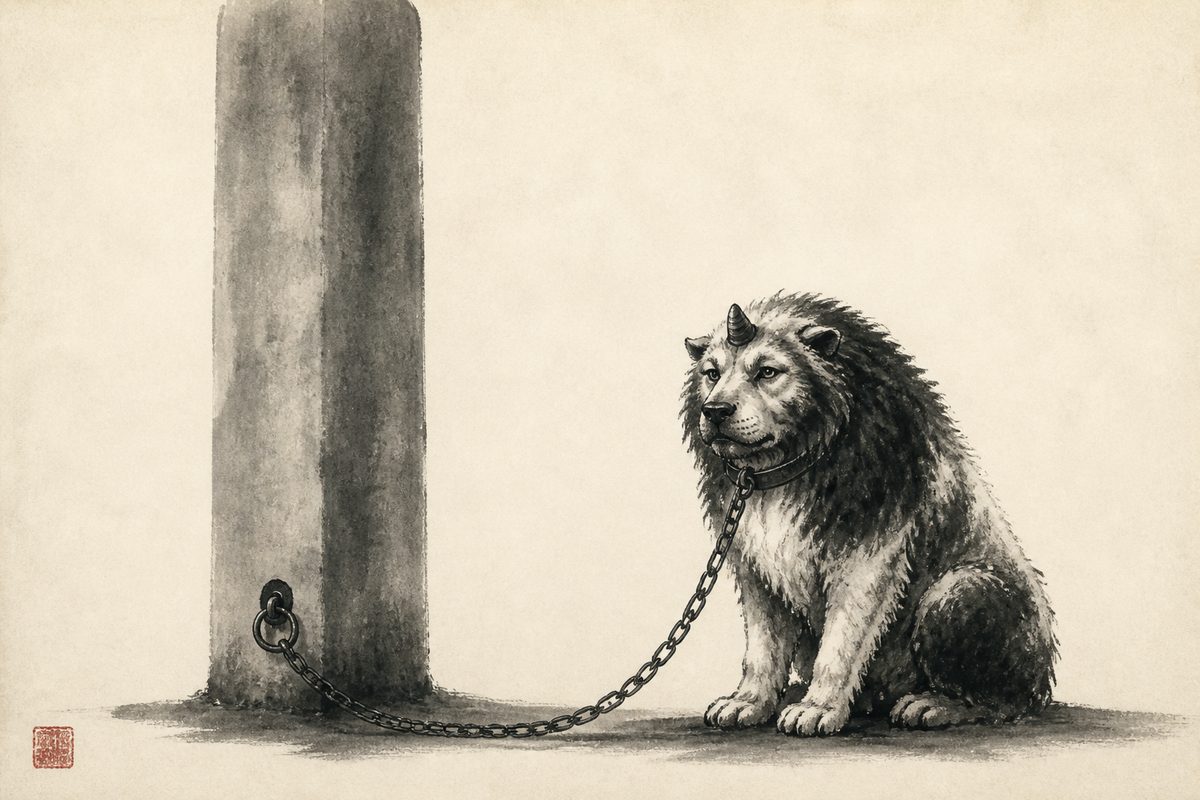 An ink-wash painting of a shaggy dog-like beast with one blunt horn sitting quietly on its haunches, chained by a heavy iron collar and a long sagging chain to a ring at the base of a tall blank stone pillar