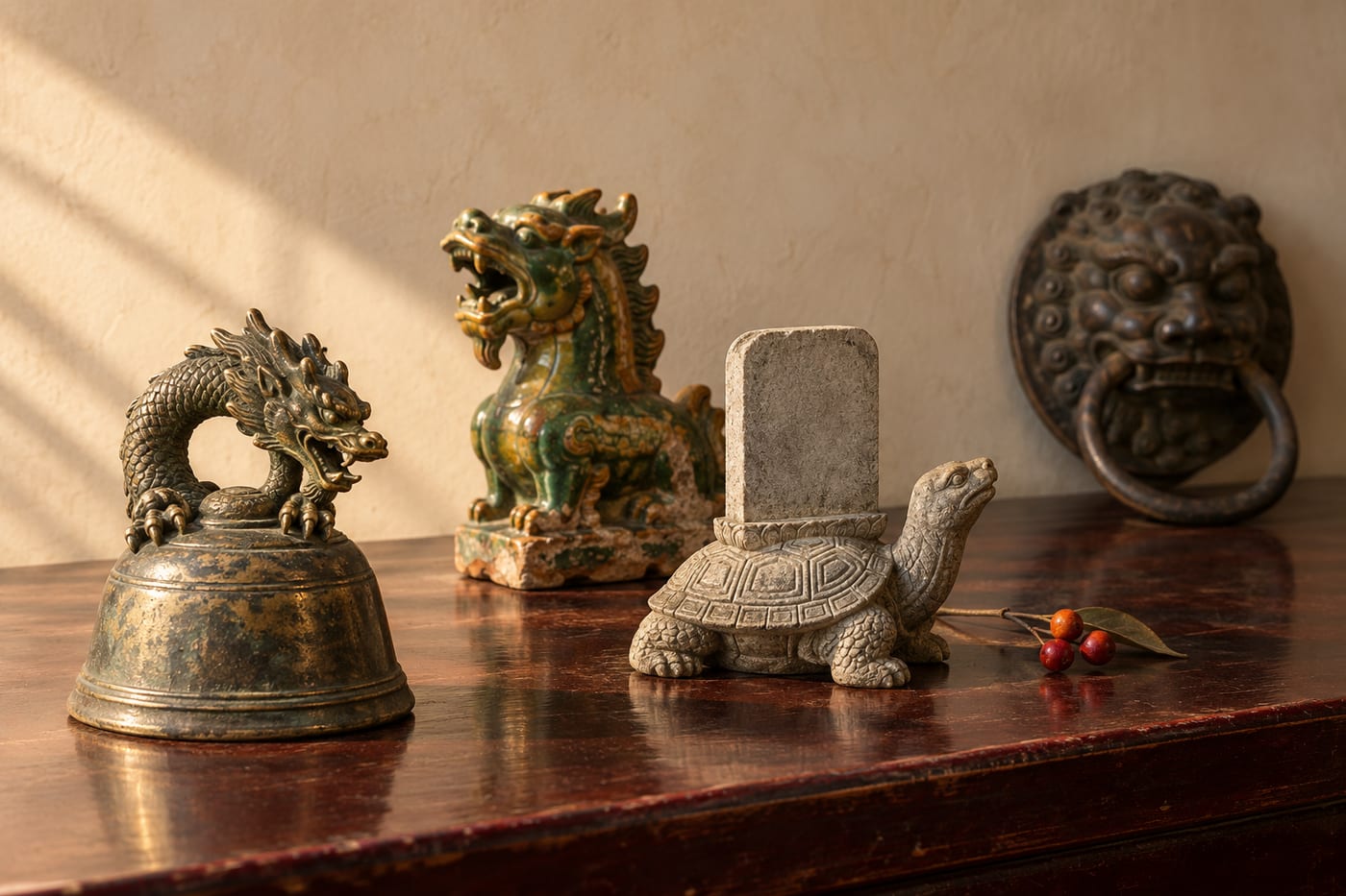 Four antique Chinese ornaments on a dark lacquer table in raking afternoon light: a bronze dragon-loop bell knob, a small stone tortoise carrying a blank tablet, a green-glazed roof beast with gaping jaws, and a bronze lion-mask door knocker with an iron ring.