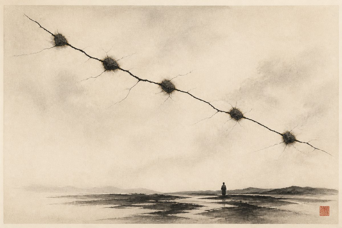 An ink-wash painting of a great jagged fissure running across a pale sky, with five small dark stones set into the crack like patches in a mended bowl, and a single tiny figure standing far below on a flat horizon