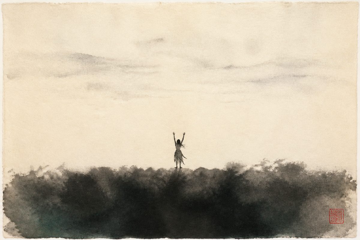 An ink-wash painting of a small solitary figure standing with arms raised, a pale weightless void expanding above him and a heavy dark mass settling below