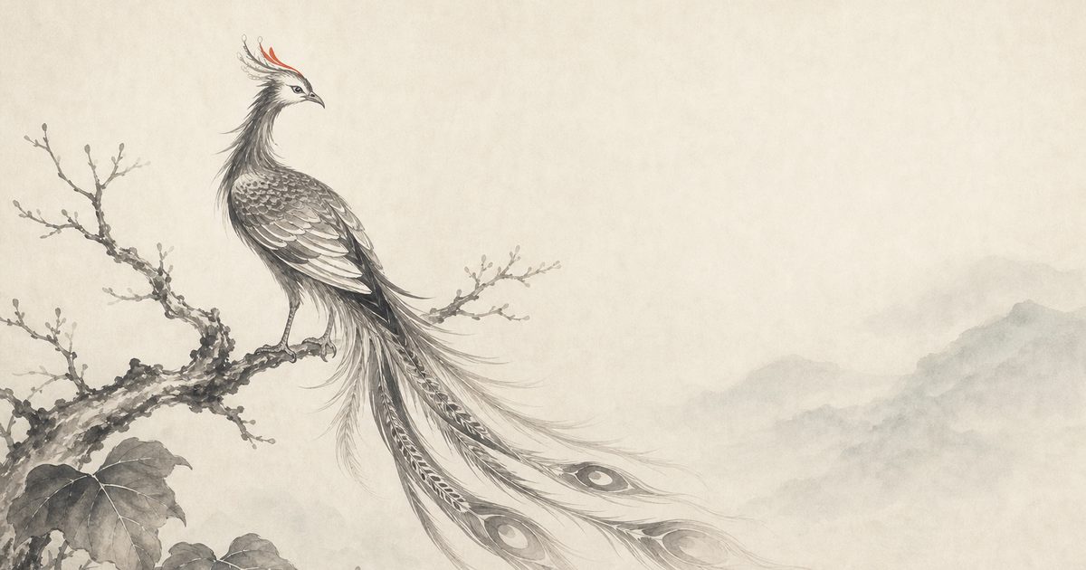 An ink-wash painting of the Chinese phoenix perched on a paulownia branch, its long tail feathers trailing into mist.