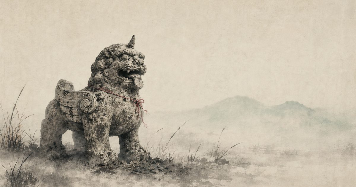 An ink-wash painting of a weathered stone pixiu, the winged and horned lion-beast of Chinese myth, standing in misty reeds with a few old coins half-buried at its paws, in the sumi-e style.