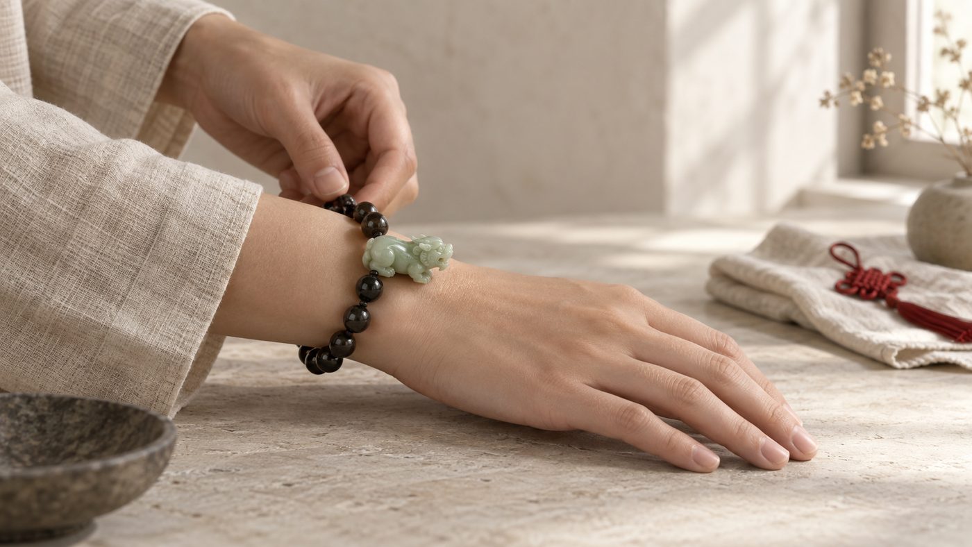 A wrist in a plain linen sleeve resting on a pale stone table, wearing a dark bead bracelet with a small carved jade pixiu whose head points outward toward the fingers, while a second hand fastens the clasp.