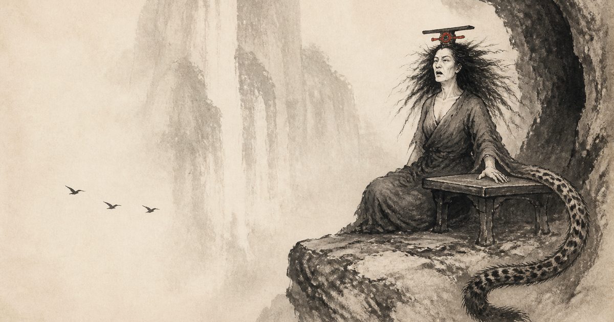 An ink-wash painting of the Chinese goddess Xiwangmu in her earliest form, seated at a cave mouth on a jade mountain with wild hair, a flat headdress and a long leopard's tail, with three small birds flying toward her across empty mist.