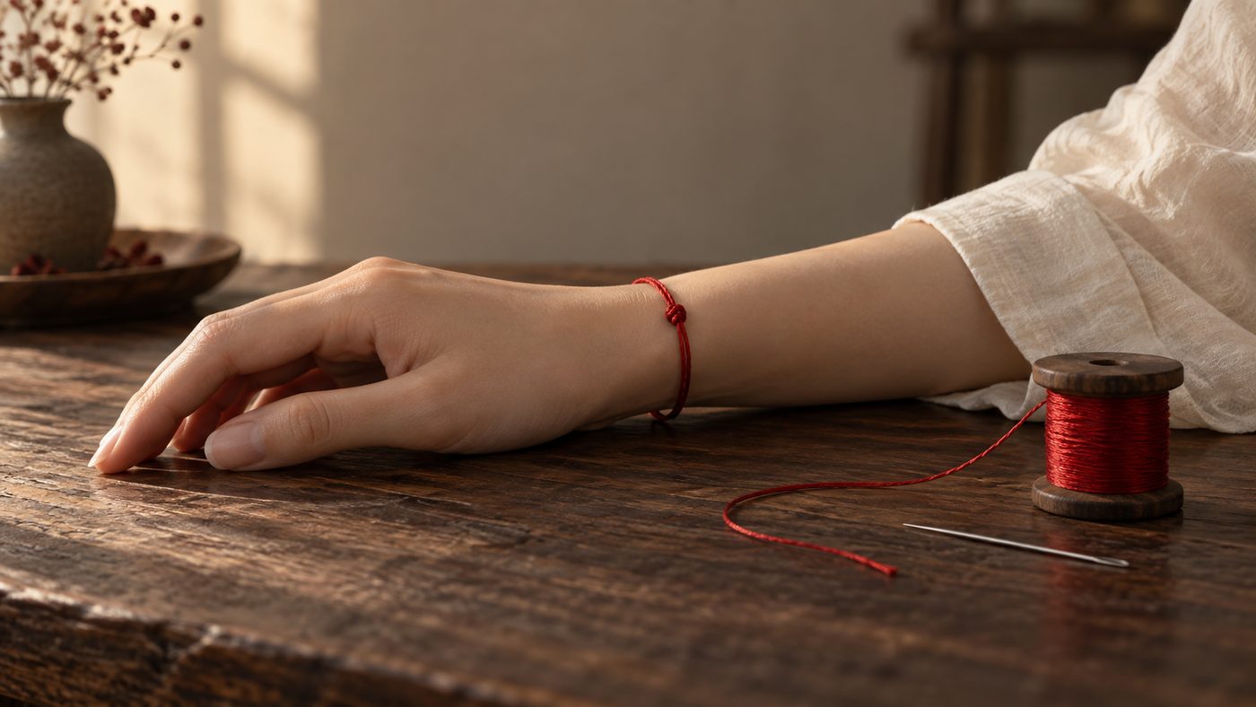 A thin red silk cord tied in a small knot around a wrist resting on dark wood, a spool of red thread and a needle beside it, soft side light and a shallow blur behind.