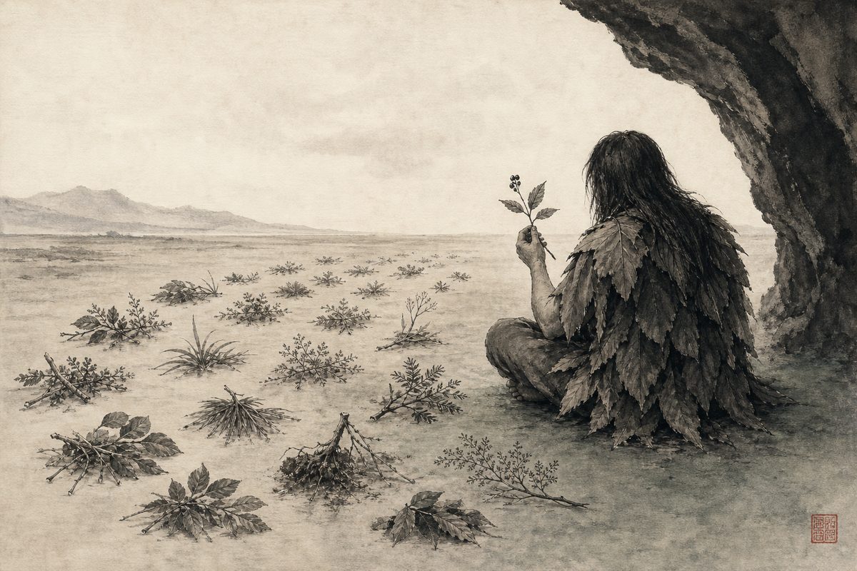 An ink-wash painting of a figure in leaf clothing seated with his back to the viewer at the mouth of a rock overhang, examining a sprig of leaves and berries above a long arc of many different cut plants sorted into separate piles on bare ground