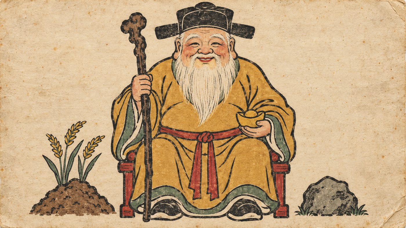 A hand-colored woodblock print of the Chinese earth god: a plump, smiling old man with a long white beard and a soft cap, seated with a staff in one hand and a small ingot in the other, a mound of earth with grain beside him.