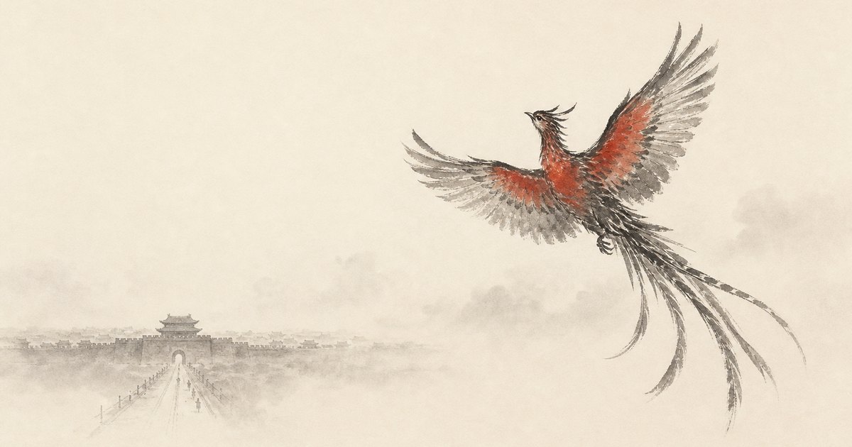 An ink-wash painting of the Vermilion Bird, the Chinese celestial guardian of the South, rising on spread wings through summer haze above a walled city gate.