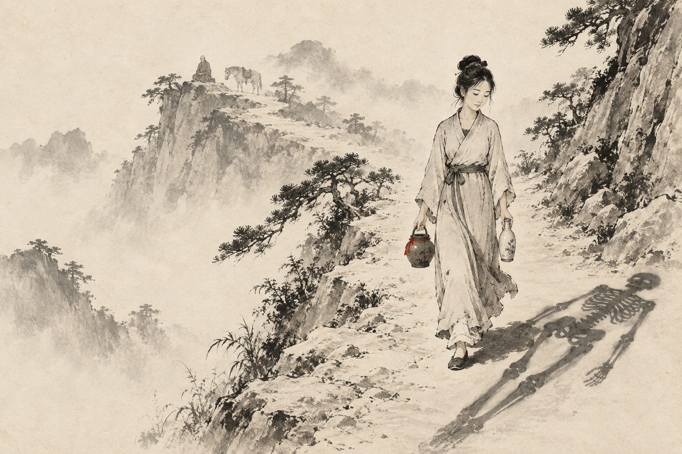 An ink-wash painting of the White Bone Spirit as a village girl carrying a jar down a mountain path, her long shadow on the path the shape of a skeleton, a monk and a white horse tiny in the mist behind.