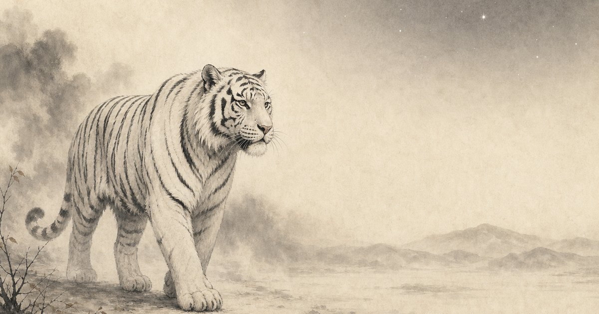 An ink-wash painting of the White Tiger, the Chinese celestial guardian of the West, striding out of autumn mist beneath a faint scatter of stars.