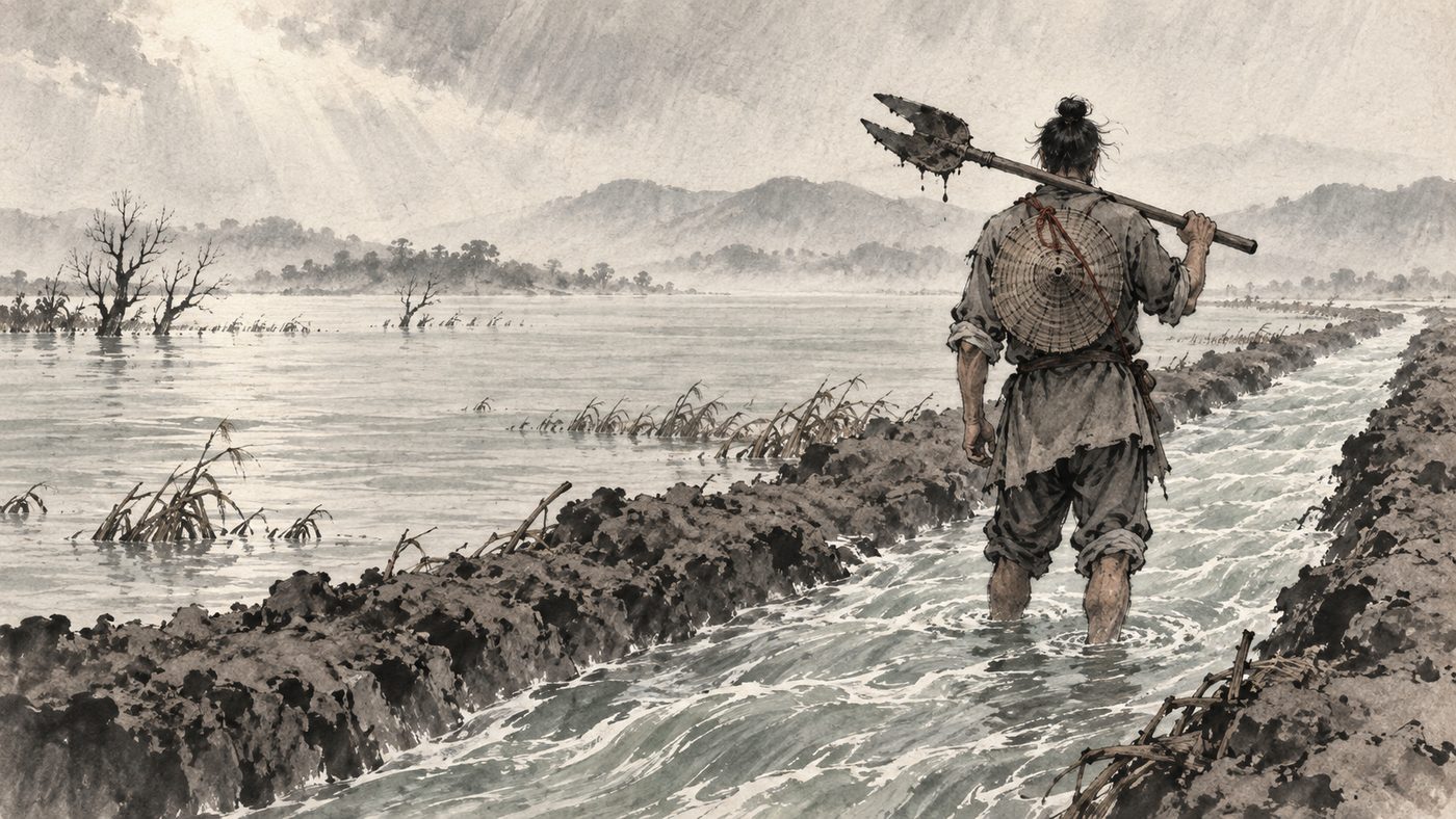 An ink-wash painting of Yu the Great from behind, knee-deep in a straight channel he has cut, a mud-caked spade on his shoulder, as floodwater on the left drains through the cut and away.