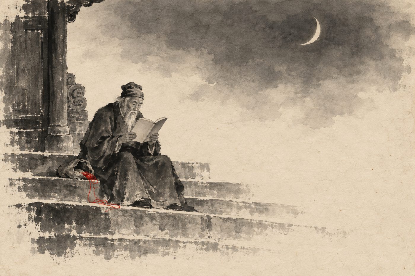 An ink-wash painting of Yue Lao as the Tang tale first shows him: an old man on temple steps reading a book by a slanting moon, a bag of red cord spilling open beside him.