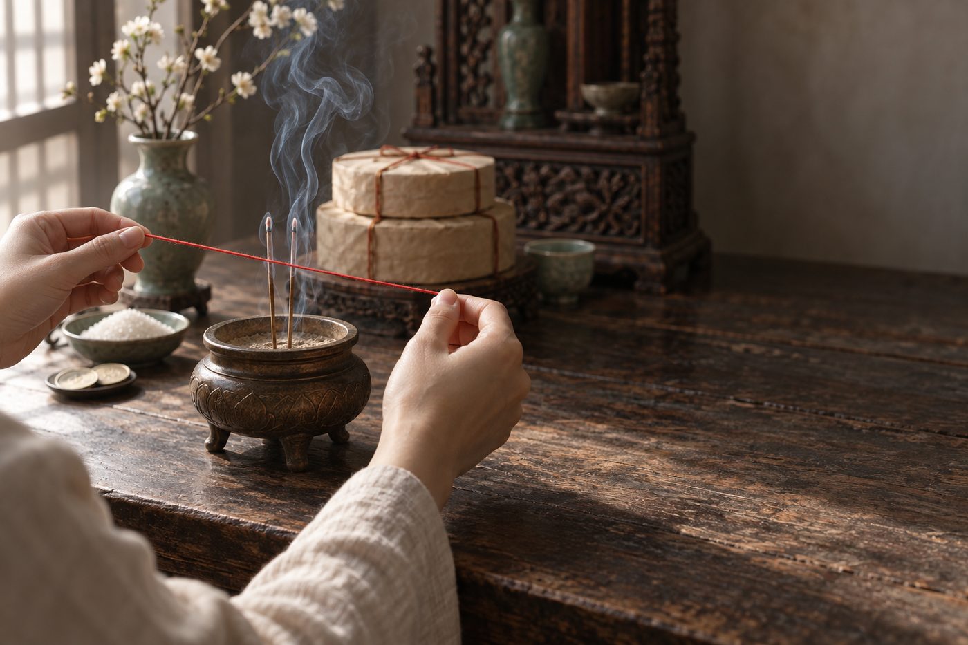 Hands passing a single red thread through incense smoke on a temple altar, with wedding-cake boxes and a dish of sugar soft in the background.