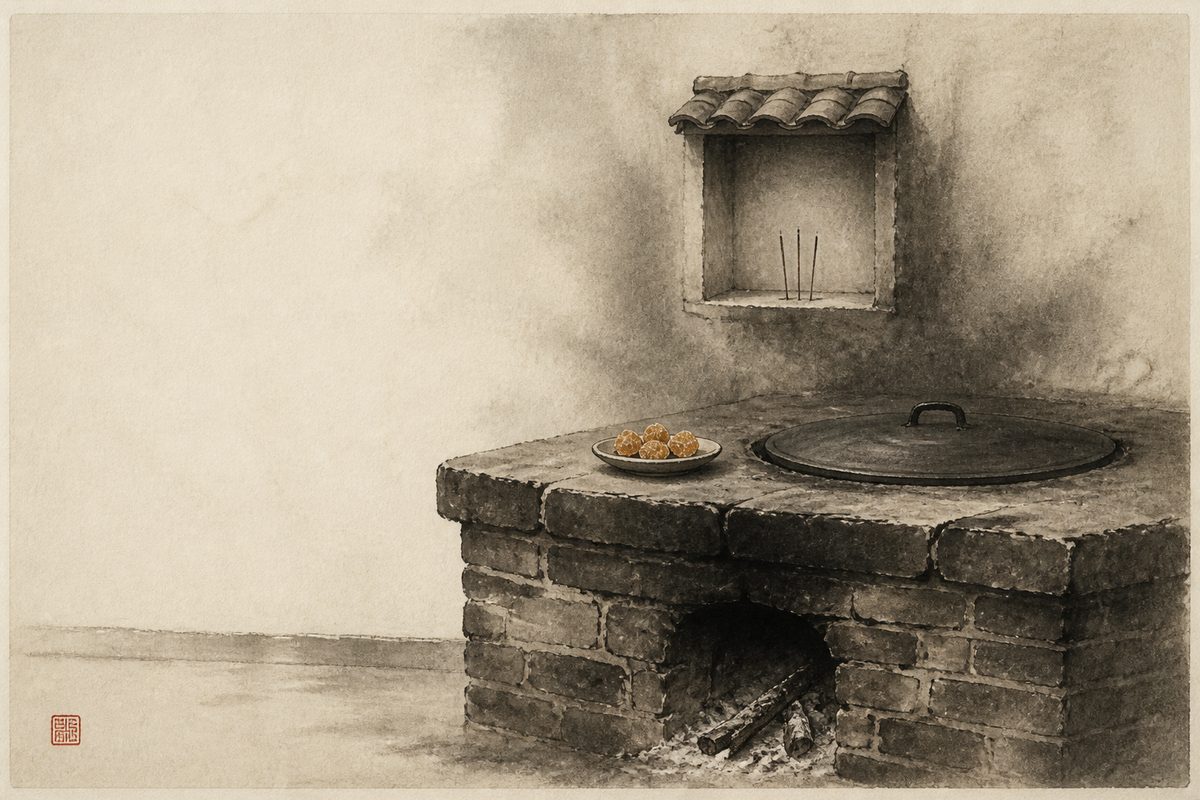 An ink-wash painting of an old brick cooking range with a cold ash-filled fire mouth, a small empty shrine niche in the wall above it holding three unlit incense sticks, and a shallow dish of hard amber candy set out on the stove top