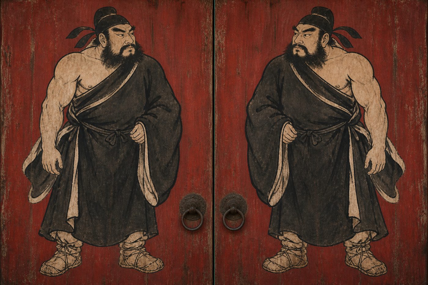 A pair of weathered cinnabar-red doors painted with mirrored ink figures of Zhong Kui, one on each leaf, each a bearded man in an official's cap with one arm bared and his feet wrapped in raw hide, standing guard and empty-handed.