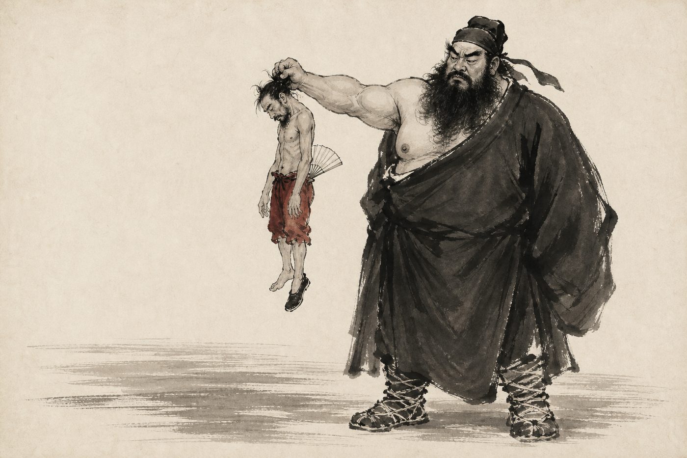 An ink-wash painting of Zhong Kui, the Chinese demon queller, a heavy bearded man in an official's cap with one arm bared and his feet wrapped in raw hide, holding a small caught thief at arm's length off the ground.