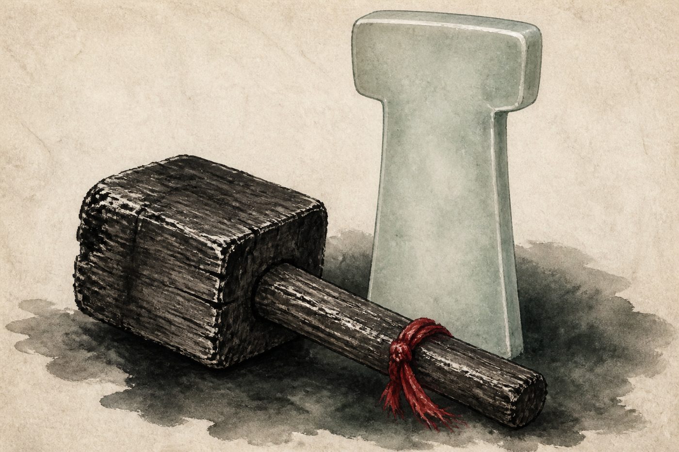 An ink-wash still life of a worn wooden mallet lying beside a tall pale jade ceremonial tablet whose top swells into a blunt mallet-shaped head, the two objects echoing the same form.