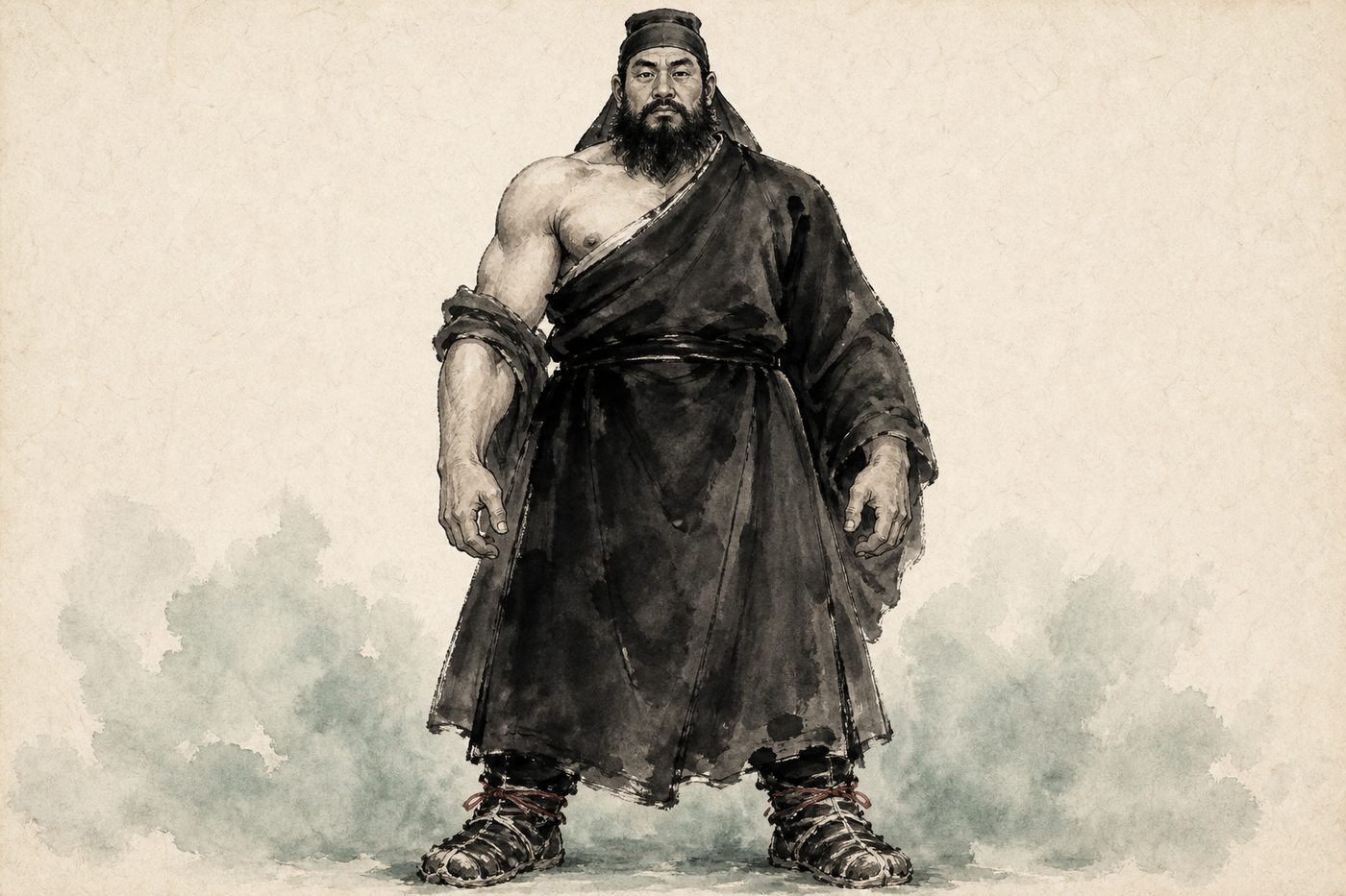 An ink-wash painting of Zhong Kui standing alone and facing the viewer as a soldier: a heavy-built bearded man in a Tang official's cap and dark robes, his right arm bared to the shoulder, his feet wrapped in raw hide, both hands empty.
