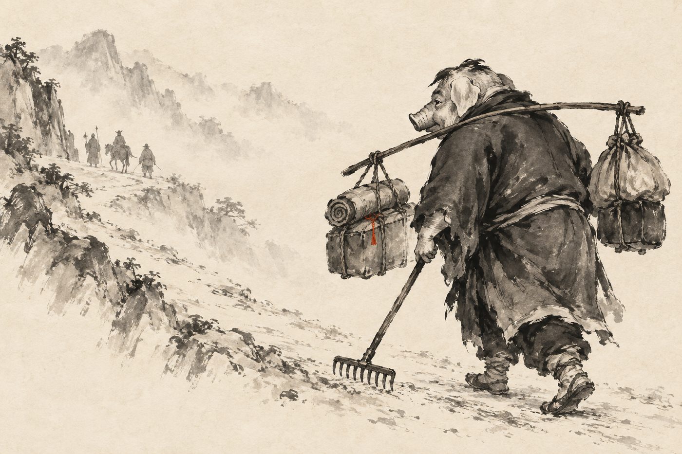 An ink-wash painting of Zhu Bajie, the pig pilgrim of Journey to the West, walking a mountain road with the luggage pole across his shoulder and his nine-toothed rake used as a staff, the other pilgrims far ahead in the mist.