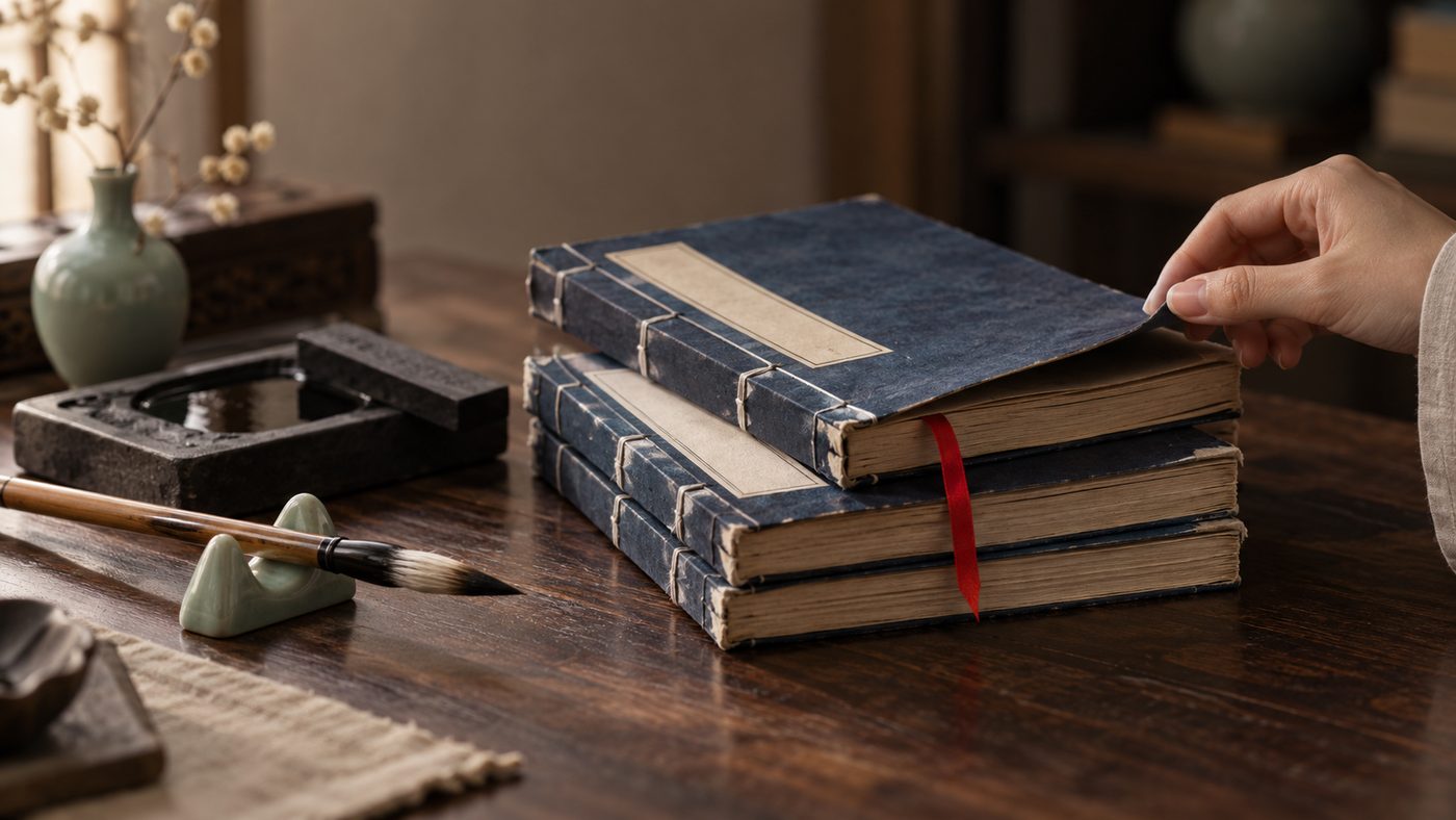 A hand lifts the cover of the top book in a stack of indigo thread-bound Chinese books, beside an inkstone, an ink stick and a brush on a celadon rest.