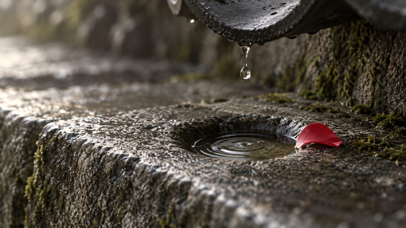 A drop of water falls from the lip of a clay roof tile into a small round hollow worn into a granite step, a red camellia petal at its edge.