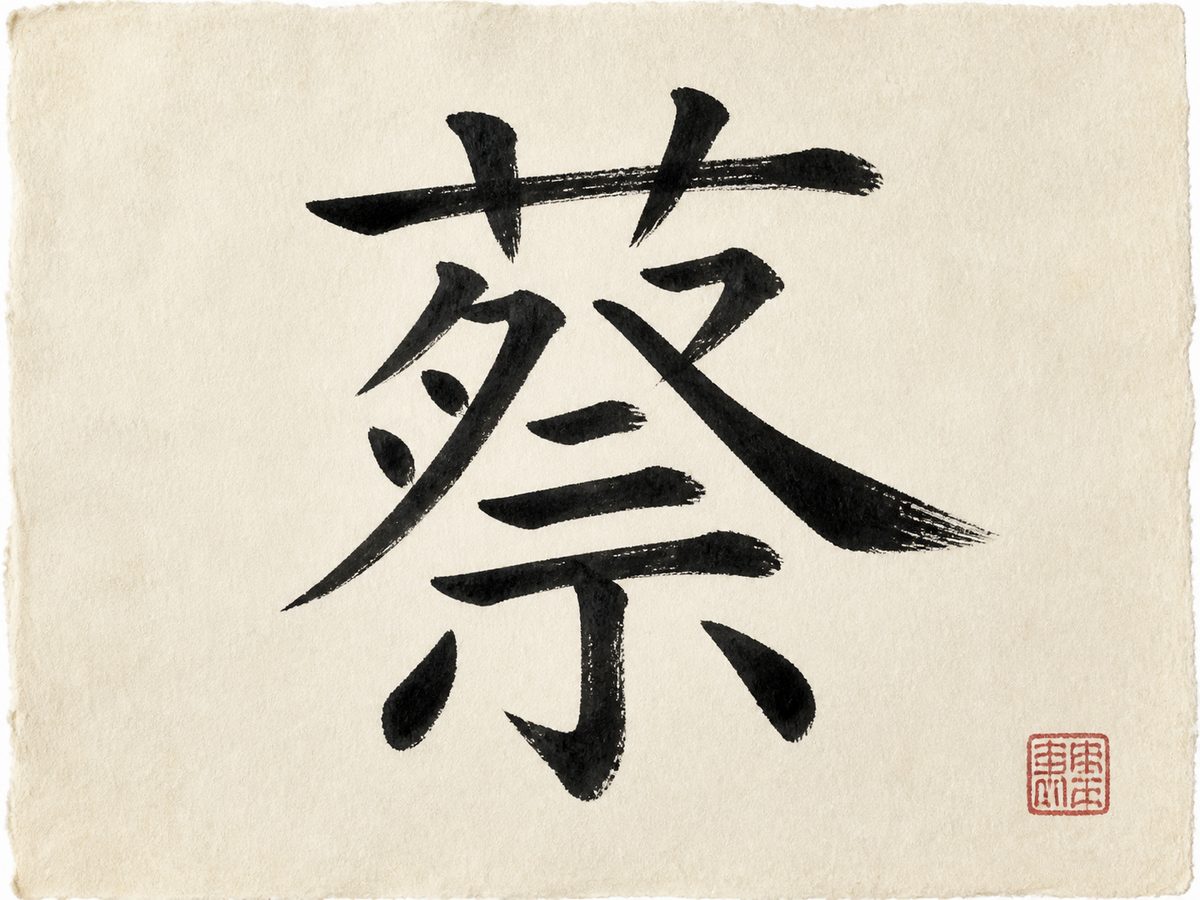 The Chinese character 蔡, the surname Tsai, Cai and Choi, written in bold brush calligraphy on warm rice paper with a small red seal