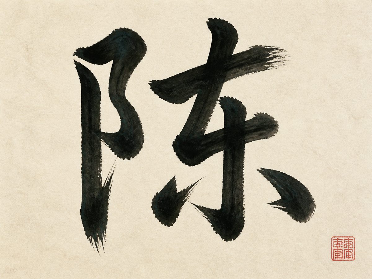 The simplified Chinese character 陈, the surname Chen, in bold brush calligraphy with a small red seal