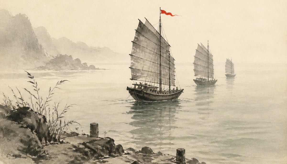 Ink-wash painting of traditional junks sailing out of a misty southern Chinese harbor at dawn, one small red pennant on the nearest mast