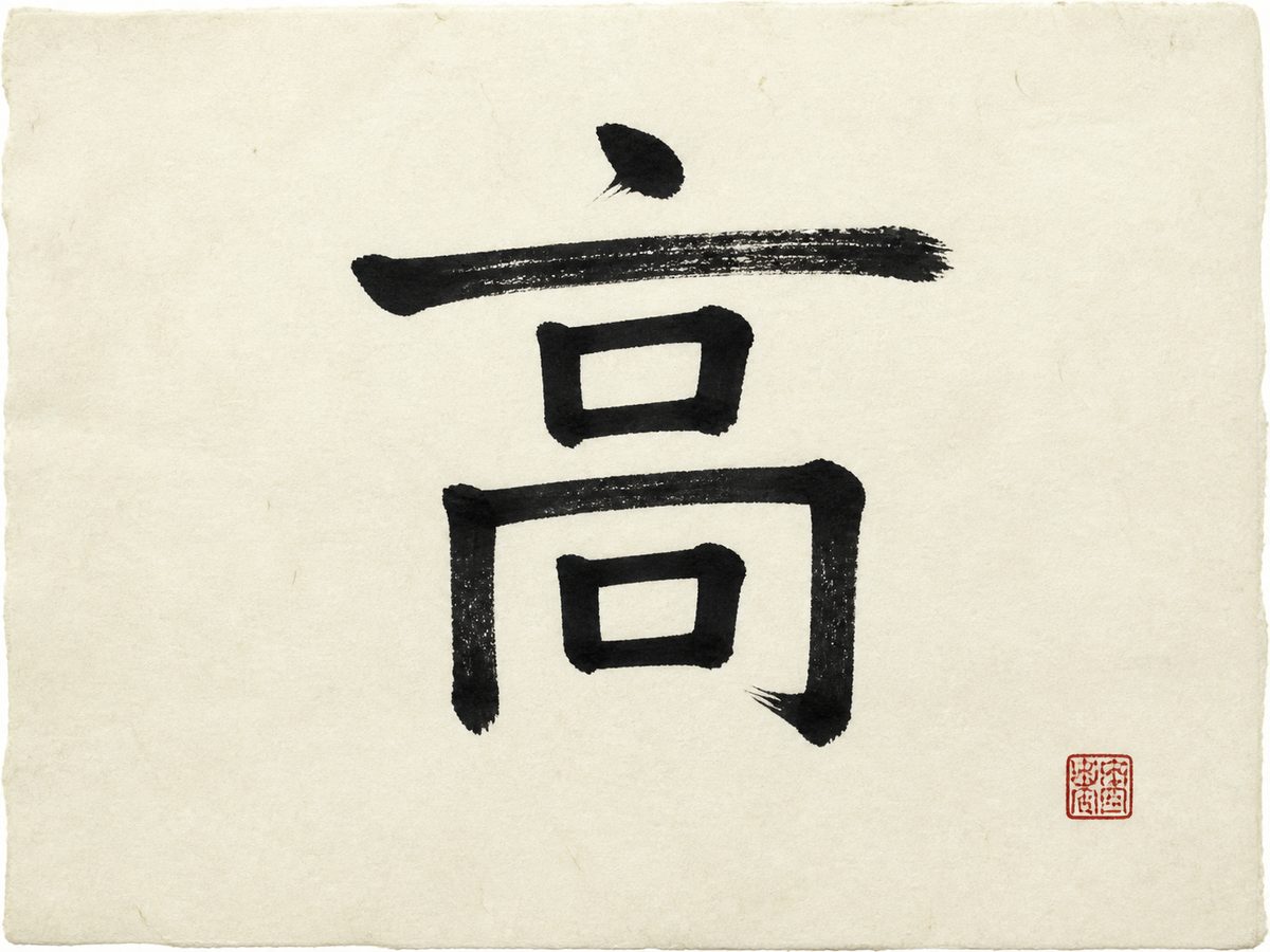 The Chinese character 高, the surname Gao, Kao and Ko, written in bold brush calligraphy on warm rice paper with a small red seal