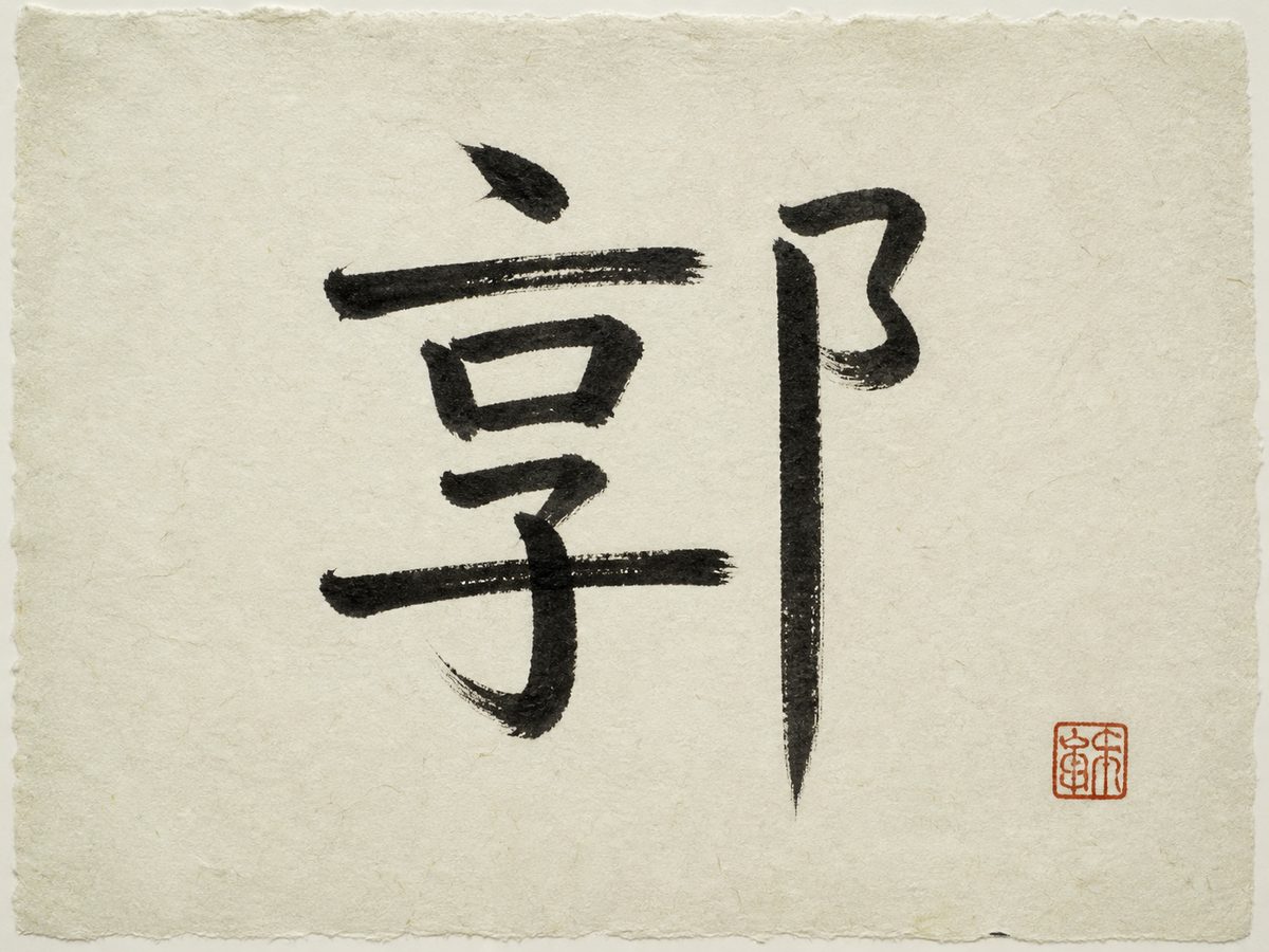 The Chinese character 郭, the surname Guo and Kwok, written in bold brush calligraphy on warm rice paper with a small red seal