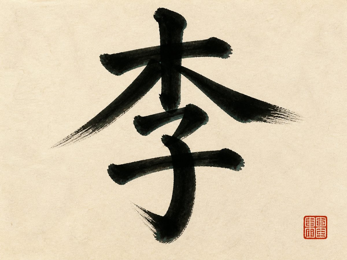 The Chinese character 李, the surname Li, in bold brush calligraphy with a small red seal