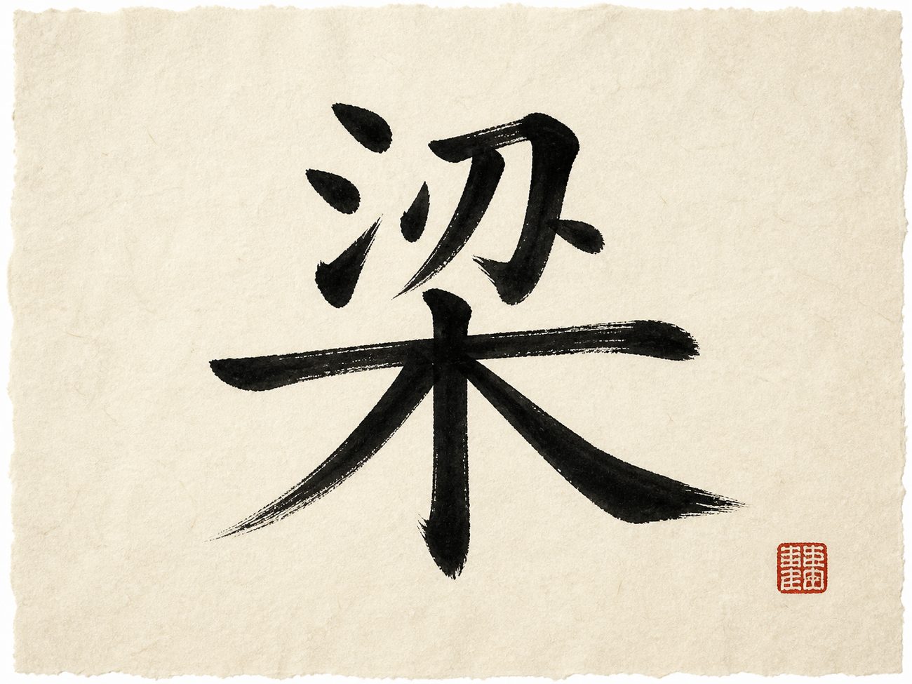 The Chinese character 梁, the surname Liang and Leung, written in bold brush calligraphy on warm rice paper with a small red seal