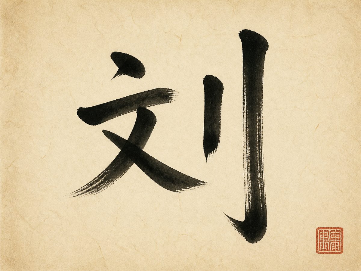 The simplified Chinese character 刘, the surname Liu and Lau, in bold brush calligraphy with a small red seal